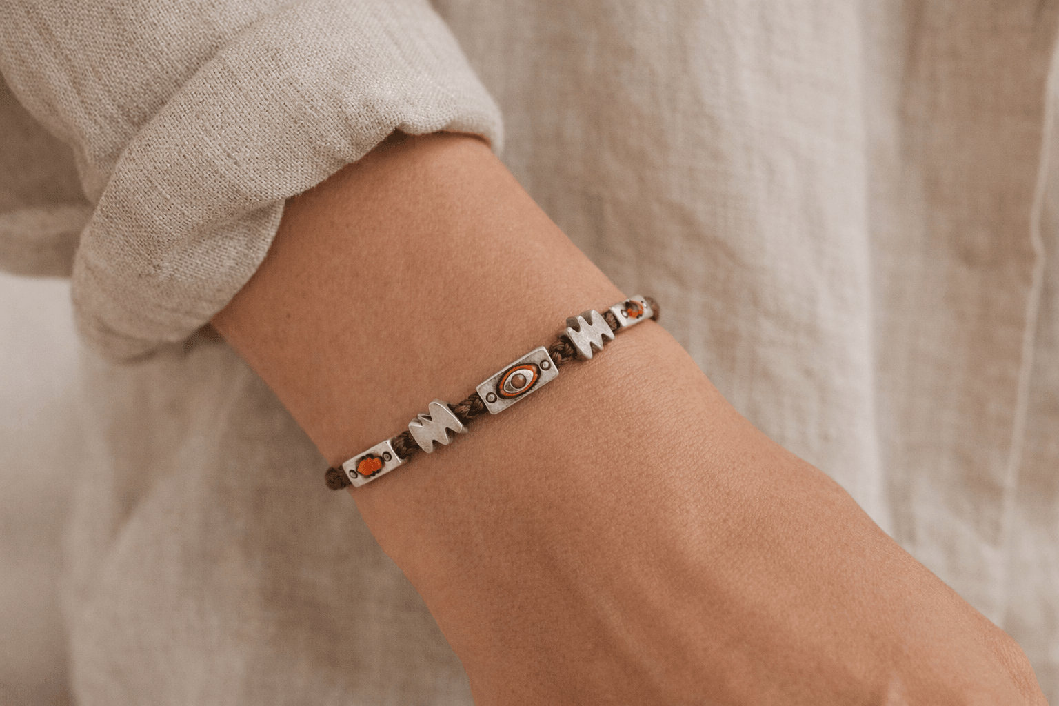 Handmade Rope Silver Bracelet on a Model hand